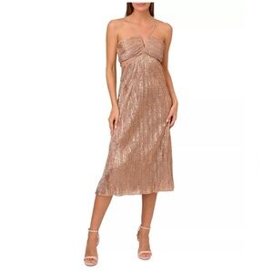 Liv Foster NWT Size 4 Rose Gold Metallic Pleated Midi Dress